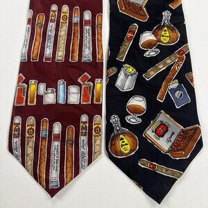 Novel-Ties by Roffe Two Cigar Theme 100% Silk Neck Ties Cigars Lighters Cognac